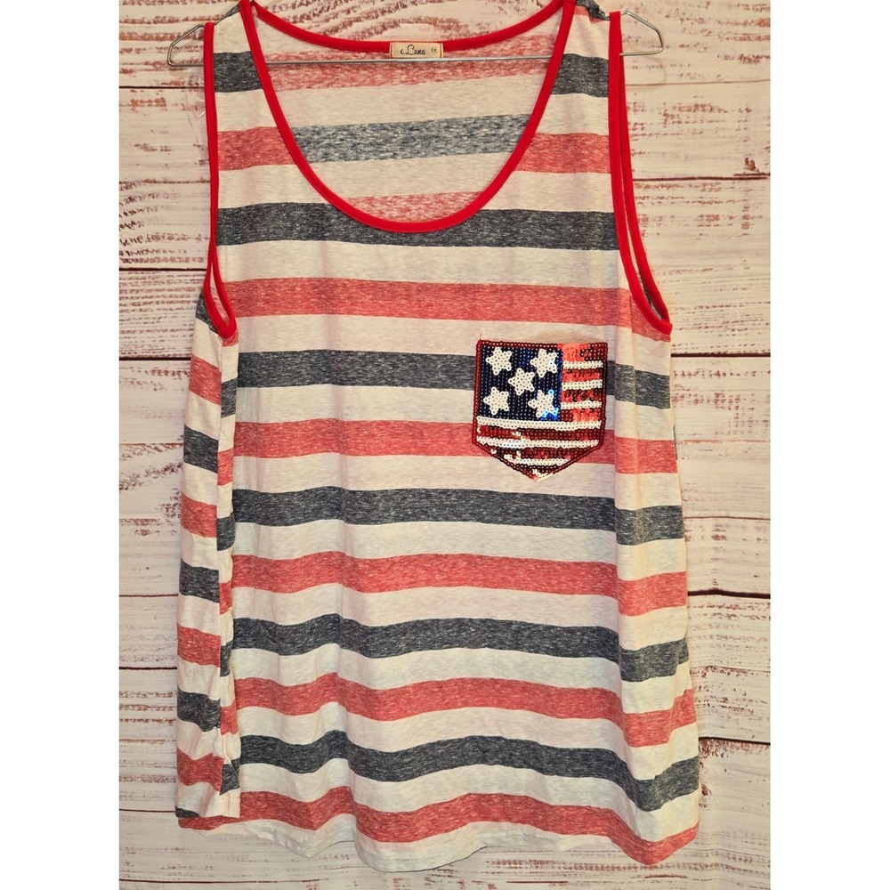 e.Luna Women 1X Red White Blue 4th of July Striped Sequin NWOT Pocket Tank Top